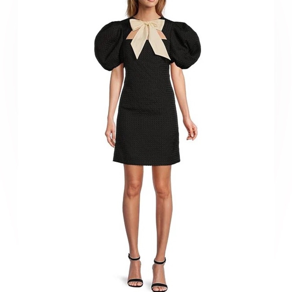 New! Savile Short Puff Sleeve Bow Tie Crew Neck Cut-Out Front Sheath Dress